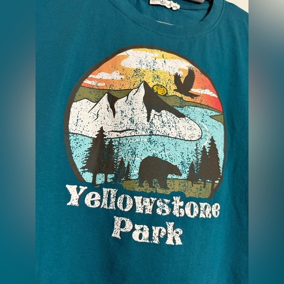 Love & Lazy Days Teal Blue Yellowstone Park Graphic Cropped TShirt Large - Picture 4 of 8